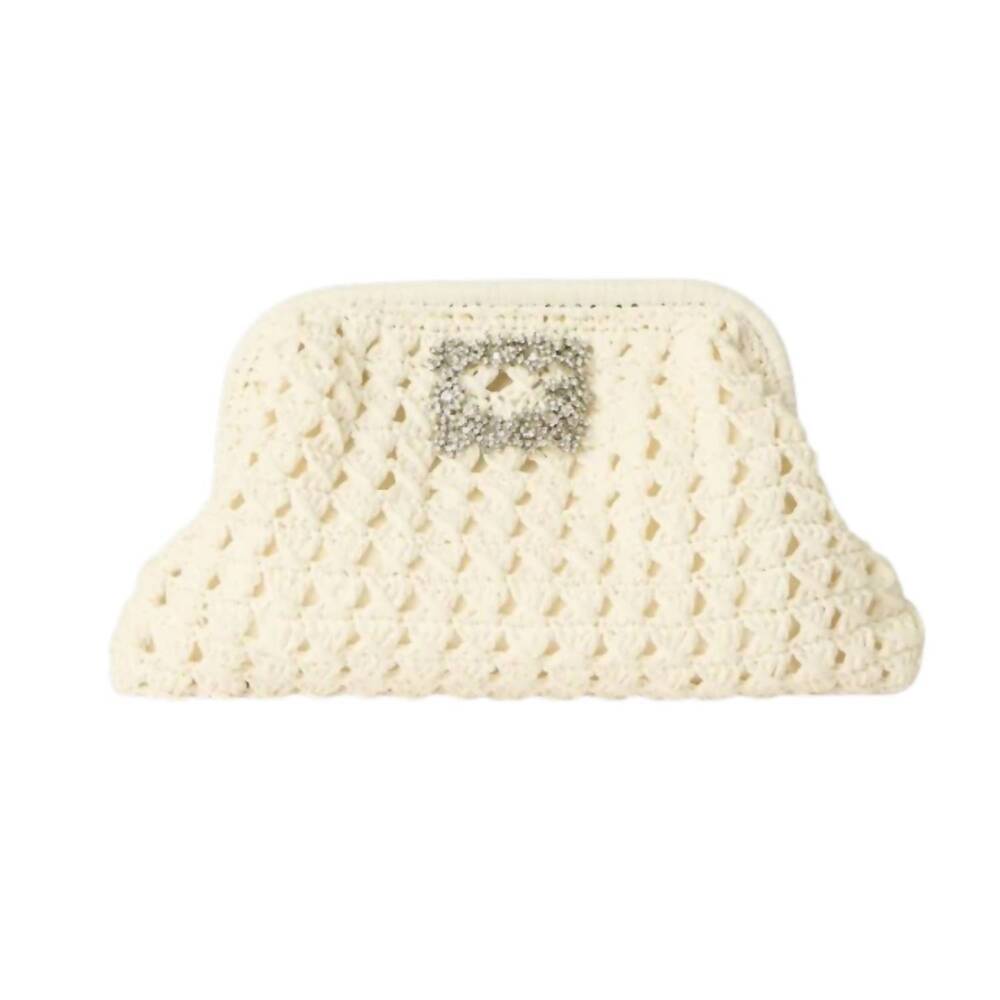 NEW BTB LOS ANGELES women's crystal-embellished raffia clutch in beige